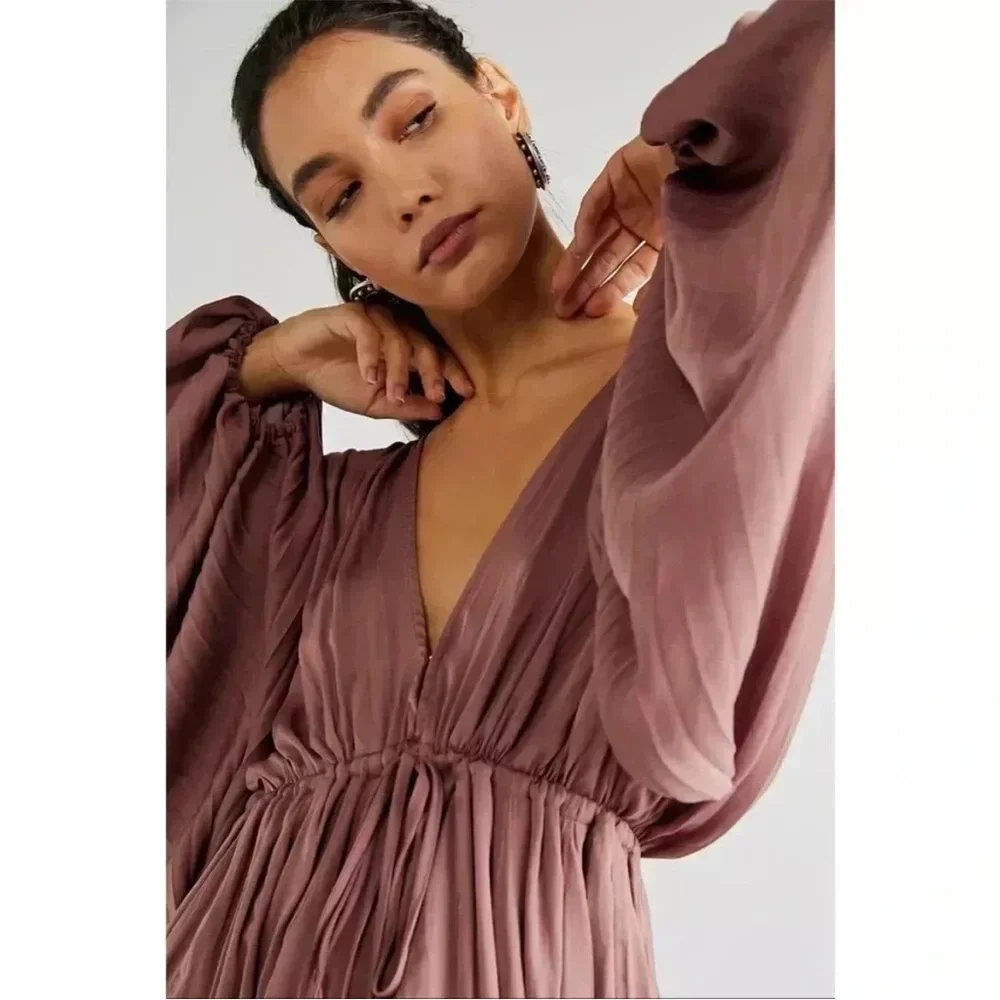 Free People Arzel Mini Dress Long Sleeve Cinnamon Size Small Pleated Boho.    11 - Picture 3 of 16